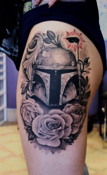 Graphic Boba Fett Star Wars tattoo on hip